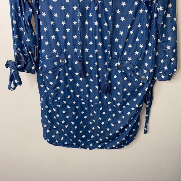 Stellah Blue Denim White 4th of July USA Star Print Boho Tunic Shift Dress XS - Picture 5 of 10